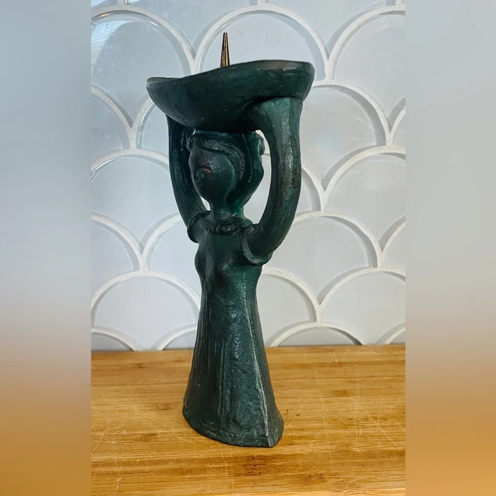 Danish Verdigris Bronze Candle Holder Woman w Basket Gunnar Andre Ystad-Metall